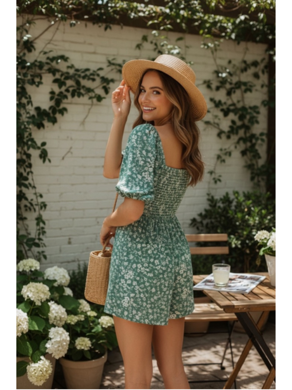 Green Floral Smocked Top Off Shoulder Boho Peasant Blouse Summer